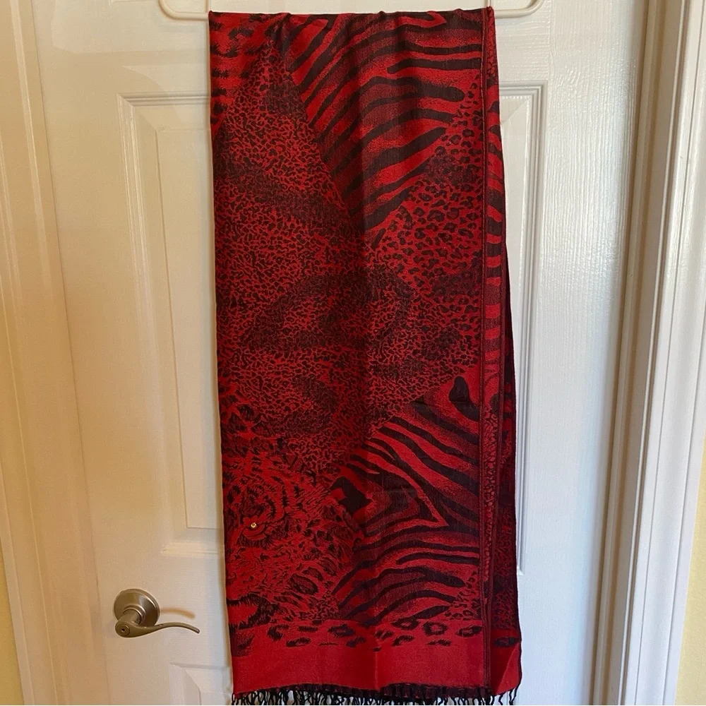 Pashmina Scarf Tiger Print Red and Black, Yellow Rhinestone Eyes
